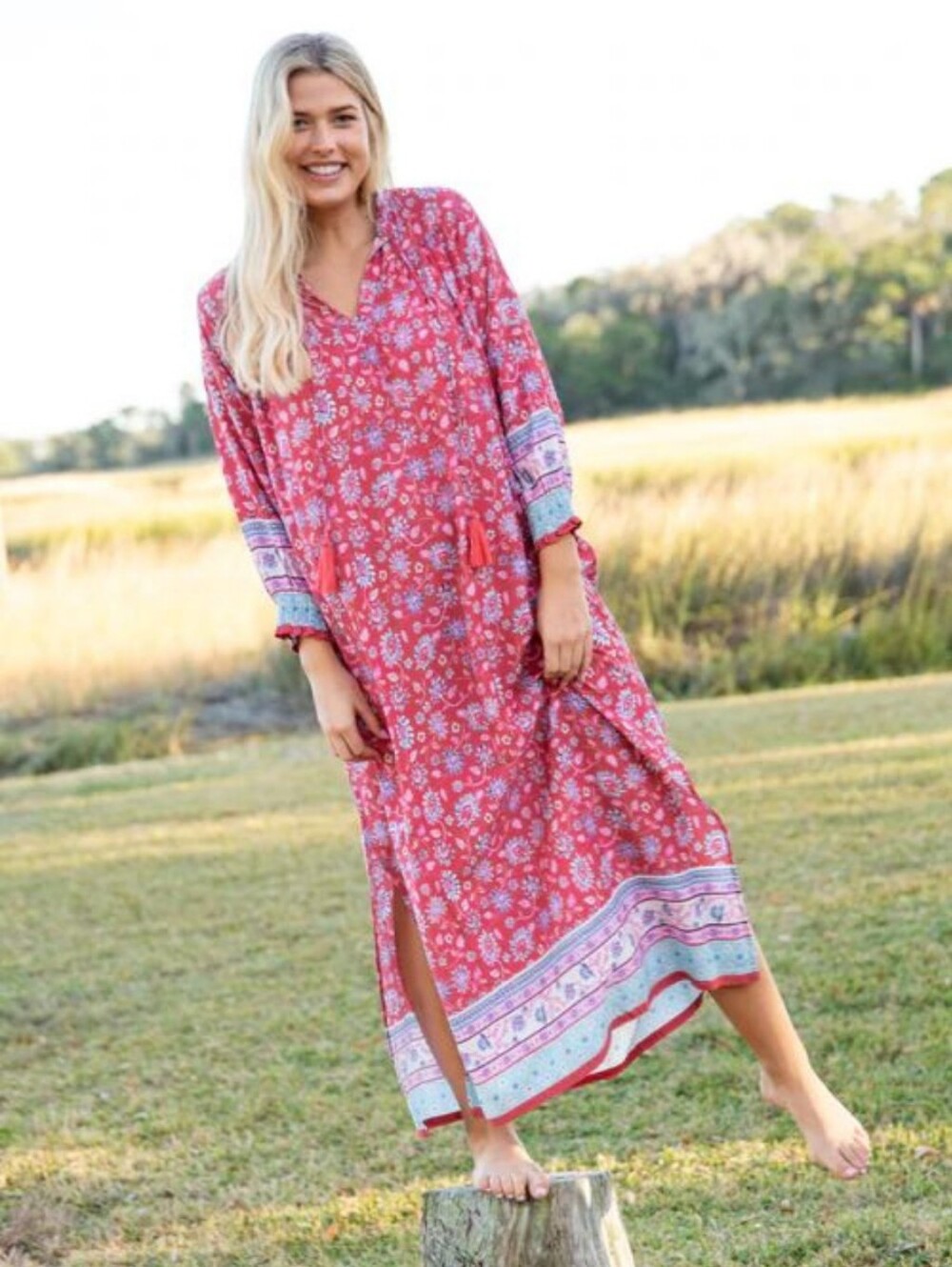 Natural Life Red Pink Dara Floral Kaftan Maxi Dress Women's Size Large